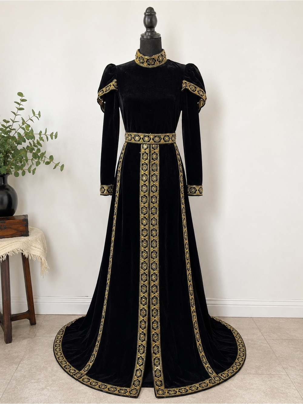 Black Velvet Maxi Dress with Gold Trim and High Collar - Picture 2 of 9